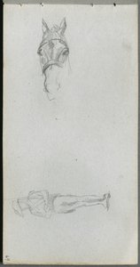 Skizzenbuch, Seite 69: Studie einer Hand, eines Pferdes und einer Figur von Jean Louis Ernest Meissonier