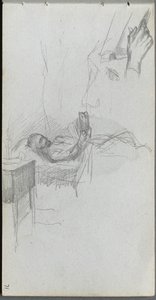 Skizzenbuch, Seite 71: Studie einer Figur, die im Bett liest, Studie einer Hand von Jean Louis Ernest Meissonier