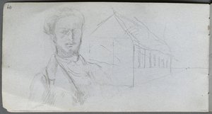 Skizzenbuch, Seite 99: Studie einer Figur, Gebäude von Ernest Meissonier