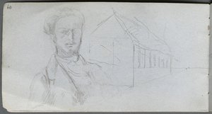 Skizzenbuch, Seite 99: Studie einer Figur, Gebäude von Jean Louis Ernest Meissonier