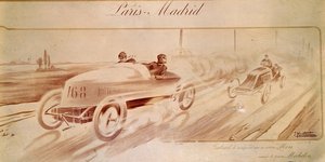Motorsport: „Paris Madrid“: Gabriel Sieger auf Mors mit Michelin-Reifen. Illustration 1903 von Ernest Montaut