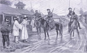 Kosakenspäher sammeln Informationen von einem koreanischen Gefangenen, Illustration aus Cassells Geschichte des Russisch-Japanischen Krieges Band 1, ca. 1900