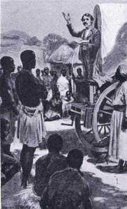 Predigen zu den Makololo: Livingstone, Illustration aus Cassells Romance of Famous Lives, ca. 1940 von Ernest Prater