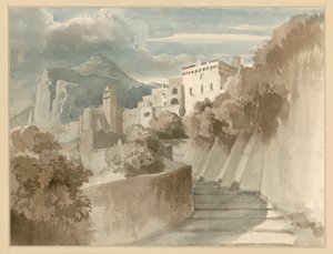 Motiv aus Subiaco. Häusergruppe und Treppen, ein Berg im Hintergrund von Ernst Fries