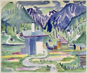 Häuser in Islen, mit Blick auf die Kirche in Frauenkirch von Ernst Ludwig Kirchner