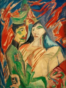Soldat und Mädchen zwischen bunten Vorhängen von Ernst Ludwig Kirchner