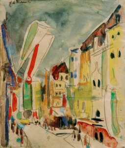 Straßenszene mit Fahnen