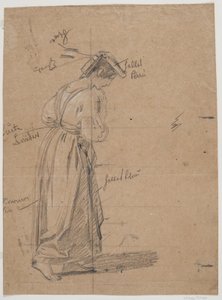 Mädchen beim Briefschreiber, nach vorne gebeugt mit dem Zeigefinger am Mund von Ernst Meyer