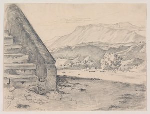 Aussicht mit einer Treppe links und rechts Blick auf eine Berglandschaft