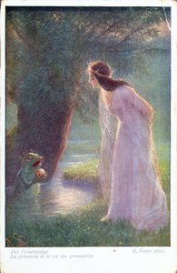 Der Froschkönig gibt der Prinzessin den goldenen Ball, den er im Teich gefunden hat. (Frühes 20. Jahrhundert)
