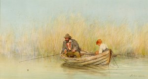 Studie eines Mannes und eines Jungen beim Angeln von einem Boot