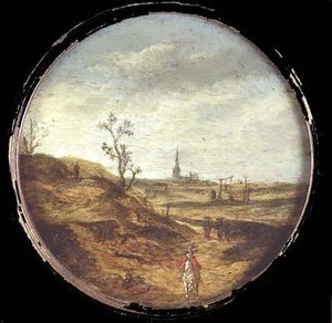 Eine weite Landschaft mit Reisenden auf einer Straße