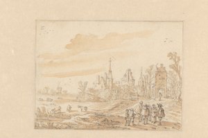 Landschaft mit einer Gruppe Personen und einem Schloss