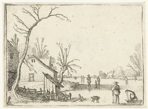 Bauernhof bei gefrorenem Fluss und Schlittschuhläufer auf dem Eis von Esaias van de Velde