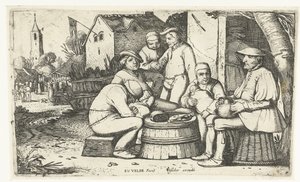 Sechs Bauern sitzen um ein Fass bei einem Gasthaus