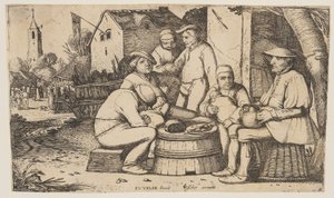 Sechs Bauern benutzen ein Fass als Tisch