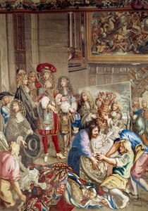 Besuch von Ludwig XIV. in der Gobelins-Manufaktur in Anwesenheit von Jean-Baptiste Colbert (im Profil, rechts vom König) und dem Maler Charles Lebrun, 15. Oktober von Etienne (studio of) Le Blond