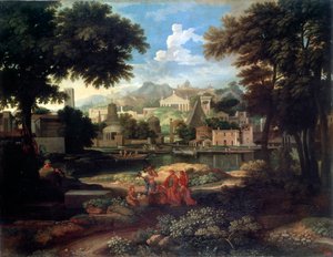 Landschaft mit Moses, der aus dem Nil gerettet wird, spätes 17. oder 18. Jahrhundert von Etienne Allegrain
