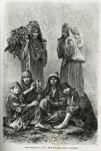 Araber Ghawarineh, Nomaden aus dem Becken des Toten Meeres. Gravur von E. Ronjat, zur Illustration der Geschichte von Syrien heute von M. Lortet, Dekan der Medizinischen Fakultät von Lyon, beauftragt mit einer wissenschaftlichen Mission durch das Ministeri von Etienne Antoine Eugene Ronjat