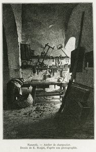 Zimmermannswerkstatt in Nazareth. Gravur von E. Ronjat, um die Geschichte La Syria d