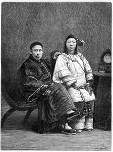 Paar chinesischer Würdenträger aus San Francisco (Vereinigte Staaten) im 19. Jahrhundert. Gravur nach einer Zeichnung von Ronjat, nach einem Foto, in „Le Tour du Monde, Nouveau journal des Voyages“, herausgegeben von Edouard Charton, Paris von Etienne Antoine Eugene Ronjat