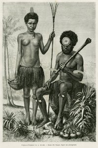 Fidschianisches Paar. Gravur von E. Ronjat zur Illustration der Geschichte „Promenades en Océanie“, von Aylic Marin, in Le Tour du monde 1887, unter der Leitung von Edouard Charton (1807-1890). von Etienne Antoine Eugene Ronjat