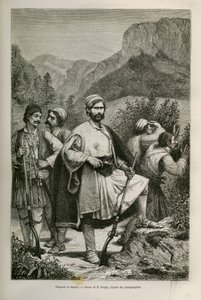 Griechische Banditen und Hirten, Komplizen in den Bergen, Zeichnung von E. Ronjat, zur Illustration der Geschichte von Henri Belle: Reise nach Griechenland