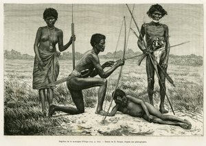 Negritos vom Yriga-Berg. Gravur von E. Ronjat zur Illustration der Geschichte „Lucon und Palaouan, sechs Jahre auf den Philippinen“ von Alfred Marche (1844-1898), veröffentlicht in Le Tour du monde 1886 von Etienne Antoine Eugene Ronjat