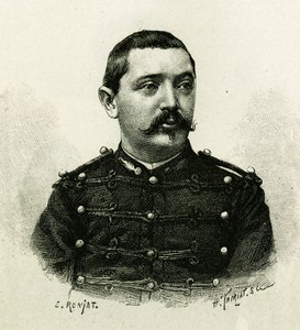 Porträt von Kapitän Pietri, der Marineartillerie, während der Expedition nach Afrika 1879-1882, unter dem Kommando von Gallieni. Gravur von E. Ronjat, nach einem Foto, zur Illustration der Geschichte „Exploration du Haut Niger (Oberer Niger)“ (heutiges Mal