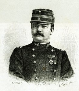 Porträt von Kapitän Valliere, der Marineinfanterie, während der Expedition nach Afrika unter dem Kommando von Gallieni. Gravur von E. Ronjat, nach einem Foto, zur Illustration der Geschichte „Erkundung des Oberen Niger (heutiges Mali)“ von Kommandant Galli