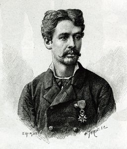 Porträt von Doktor Tautain, während der Expedition nach Afrika 1879-1882, unter dem Kommando von Gallieni. Gravur von E. Ronjat, nach einem Foto, zur Illustration der Geschichte „Exploration des oberen Niger“ (heutiges Mali) von Kommandant Joseph Gallieni von Etienne Antoine Eugene Ronjat