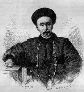 Porträt von Li Hongzhang (1832-1901), chinesischer General und Vizekönig von Zhili von 1871 bis 1895 und von 1900 bis 1901. Gravur nach einer Zeichnung von Ronjat, nach einem Foto von Thomson, in "Le Tour du Monde, Nouveau journal des Voyages", herausgegeb von Etienne Antoine Eugene Ronjat