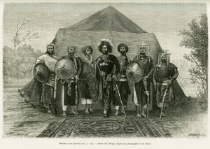 Porträt von Prinz Menelik II. von Äthiopien (1844-1913), umgeben von seinen Generälen. Gravur von Ronjat, nach einem Foto, zur Illustration der Geschichte „Reise nach Choa (Südliches Abessinien)“ von Etienne Antoine Eugene Ronjat