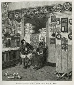 Ein Interieur in Marken (Niederlande), Gravur nach einer Zeichnung von E. Ronjat, zur Illustration der Geschichte der Niederlande von Charles de Coster, 1878, veröffentlicht in Le tour du monde, unter der Leitung von Edouard Charton
