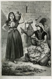 Frauen tragen Krüge, in der Nähe des Brunnens von Hiram in Tyrus. Gravur von E. Ronjat, um die Geschichte La Syrie d