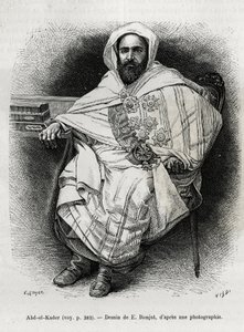 Porträt von Abd El Kader (1808-1883) algerischer Emir und Sultan, Sufi-Theologe, Politiker und militärischer Widerstandskämpfer gegen die französische Kolonialarmee, auch Schriftsteller, Dichter und Philosoph. Gravur von E. Ronjat, zur Illustration der Ges