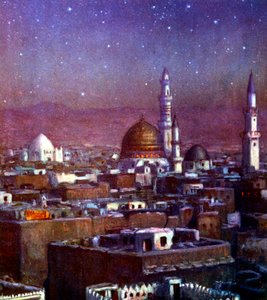Ansicht von Medina, Arabien, bei Mondlicht, zeigt die Kuppel des Grabes des Propheten, 1918