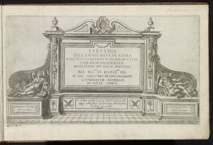 Titelblatt mit einem Denkmal mit Titel, flankiert von Ruhm und Vater Zeit von Etienne Duperac