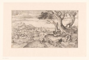 Landschaft mit weiblichem Satyr, der ein Satyrkind füttert von Etienne Dupérac (attributed to)