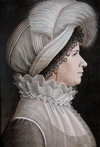 Porträt einer Frau mit einem Hut, der mit einer Feder verziert ist von Etienne Esperance Bouchardy