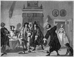 Komödien-Szene in einem niederländischen Theater im 18. Jahrhundert. Gravur von Bocourt nach einer Gouache von Troost