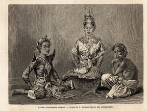 Siamesische dramatische Künstler, Zeichnung von E. Bocour, zur Illustration von Henri Mouhots Reise in die Königreiche Siam, Kambodscha und Laos von 1858 bis 1861. Gravur in „Le Tour du Monde“, herausgegeben von Edouard Charton