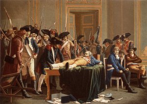 Der Morgen des 10. Thermidor Jahr II; Maximilien de Robespierre, mit gebrochenem Kiefer, auf einem Tisch ausgebreitet von Etienne Lucien (after) Melingue