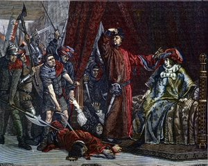 Hundertjähriger Krieg: „Der Delfin Karl (später Karl V.) (1338-1380) (der erste Delfin von Frankreich) und Étienne Marcel (1302/1310-1358), der zwei Minister (Marschälle) Robert de Clermont und Jean de Conflans im Zimmer des französischen Delfins ermordete