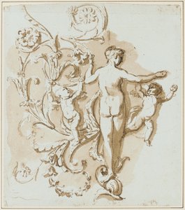 Weiblicher Akt von hinten gesehen, mit zwei Putti, unter Akanthusblatt-Dekoration von Etienne de Lavallee Poussin