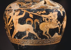 Amphora des Malers der Kentauromachie, Detail einer Schlacht zwischen Kentauren. Rotfigurige Keramik aus Porano (Umbrien). Etruskische Zivilisation, 4. Jahrhundert v. Chr.