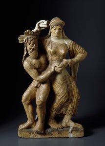 Etruskische Antike: Satyr und tanzende Mänade. Terrakottaskulptur aus einem Tempel der Mater Matuta in Satricum. 480 v. Chr. Rom, Museo Nazionale di Villa Giulia von Etruscan