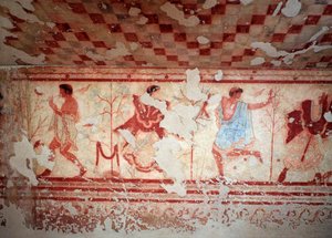 Tänzer und Musiker während eines Banketts. Fresken des Tomba del Triclinium, 5. Jahrhundert v. Chr. von Etruscan