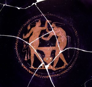 Detail einer Kylix mit Darstellung einer Mänade und eines Satyrs, 330-300 v. Chr. von Etruscan