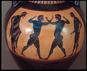 Etruskische Zivilisation: Terrakotta-Amphore dekoriert mit einer Boxszene, Detail 550-500 v. Chr. aus dem Grab des Kriegers in Vulci, Italien
